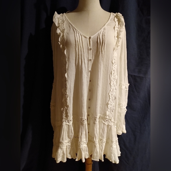 Free People Ivory Lace Peasant Mini Dress Eyelet Crepe Button Ruffle Long Sleeve - Picture 2 of 8